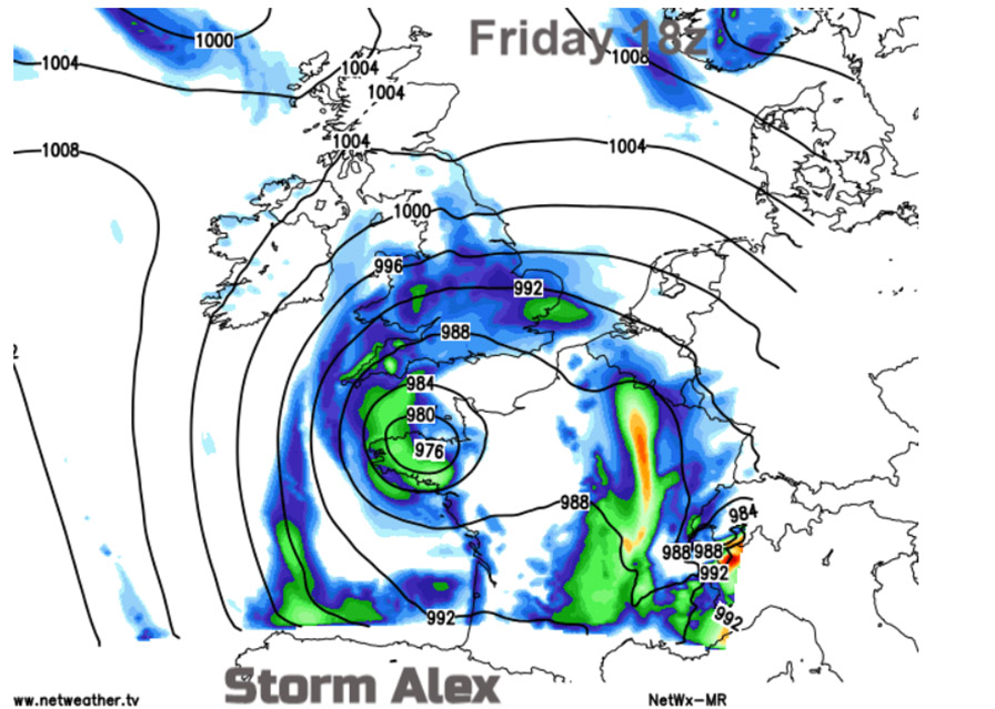 Pressure distribution of” Storm Alex”. Obtained from www.netweather.tv