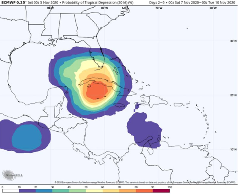 Simulation of hurricane Iota. Obtained from https://www.washingtonpost.com/weather/2020/11/05/eta-tropical-storm-florida-gulf/.