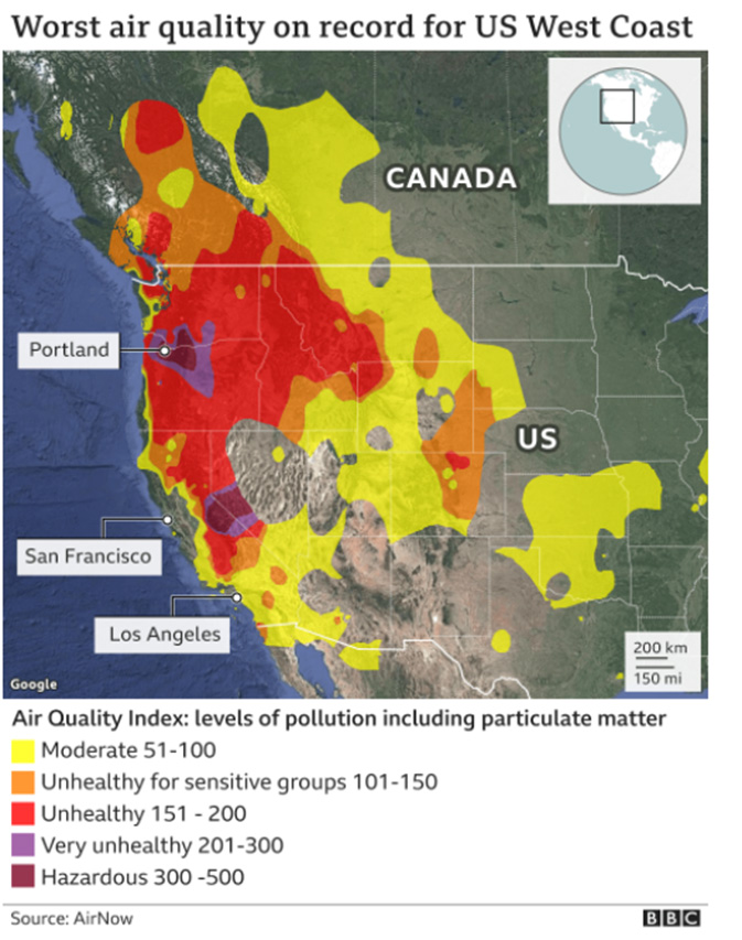 Índice de calidad del aire en la costa oeste de los Estados Unidos tras los incendios. Obtenido de https://www.bbc.com/news/world-us-canada-54180049